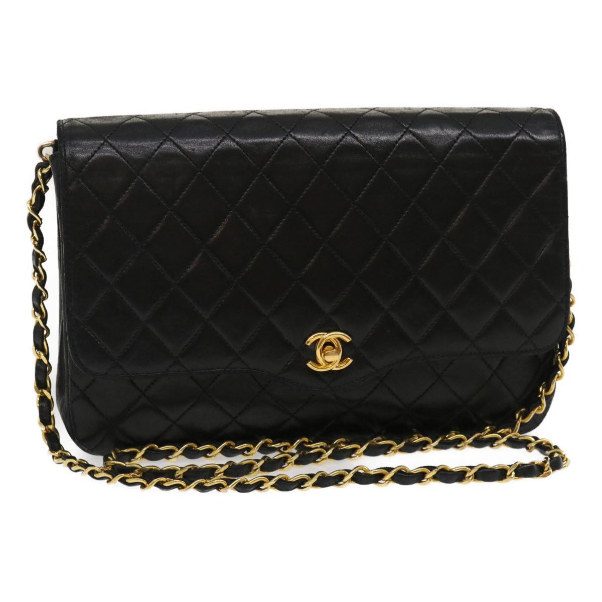 CHANEL Matelasse Chain Flap Shoulder Bag Lamb Skin Black CC Auth bs1447A