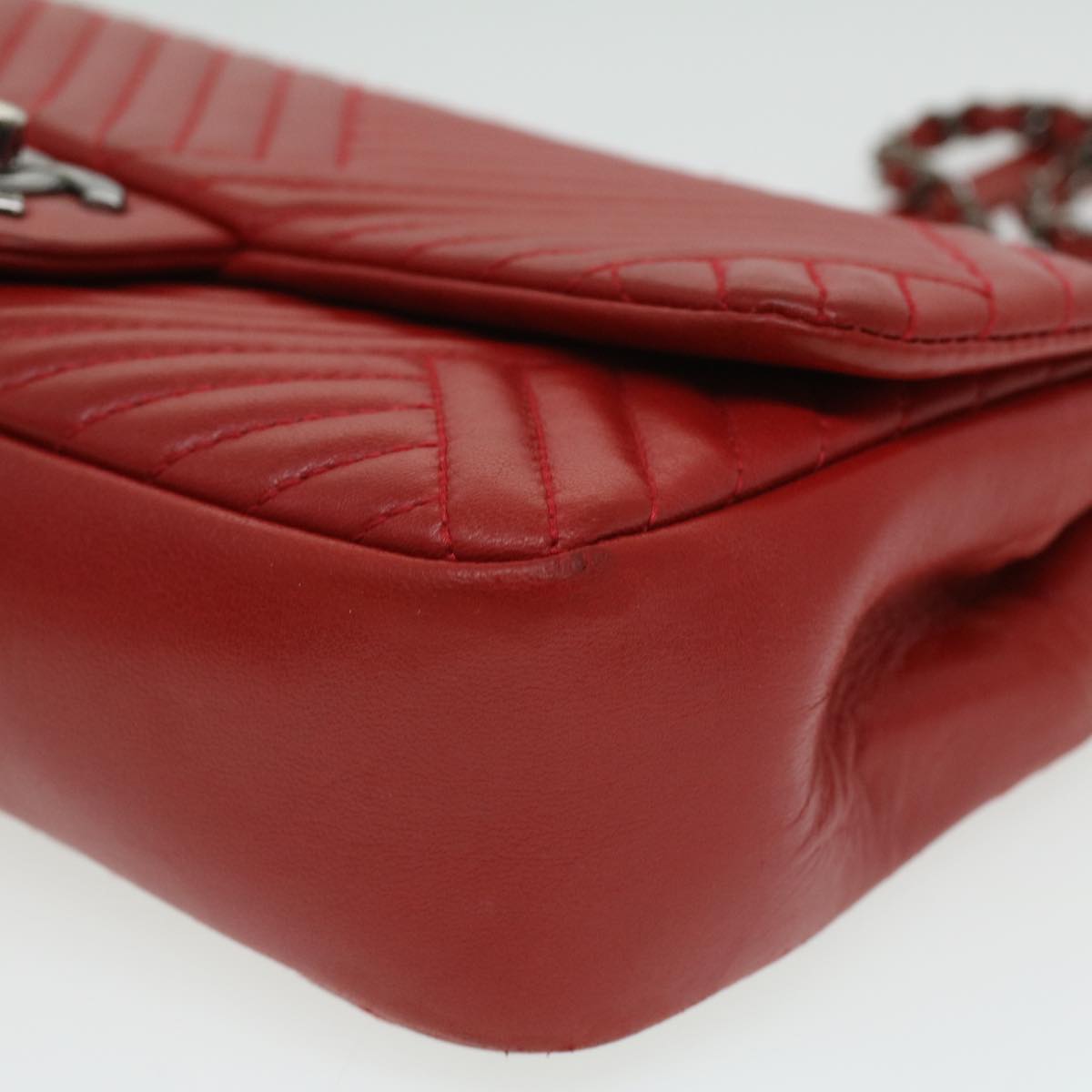 CHANEL Chain Shoulder Bag Lamb Skin Red CC Auth bs3636A