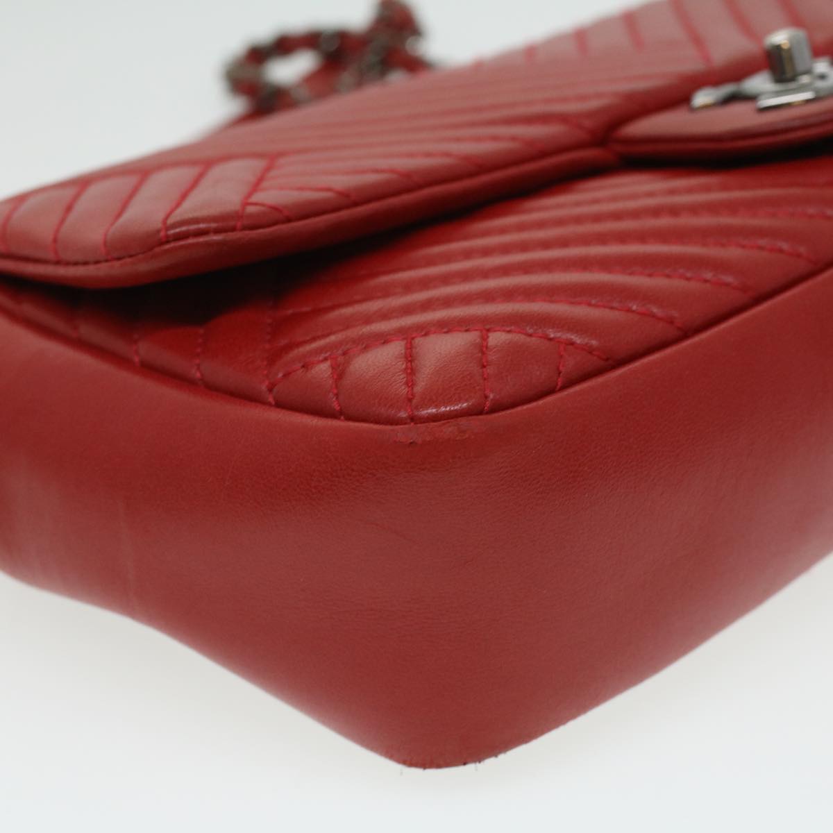 CHANEL Chain Shoulder Bag Lamb Skin Red CC Auth bs3636A