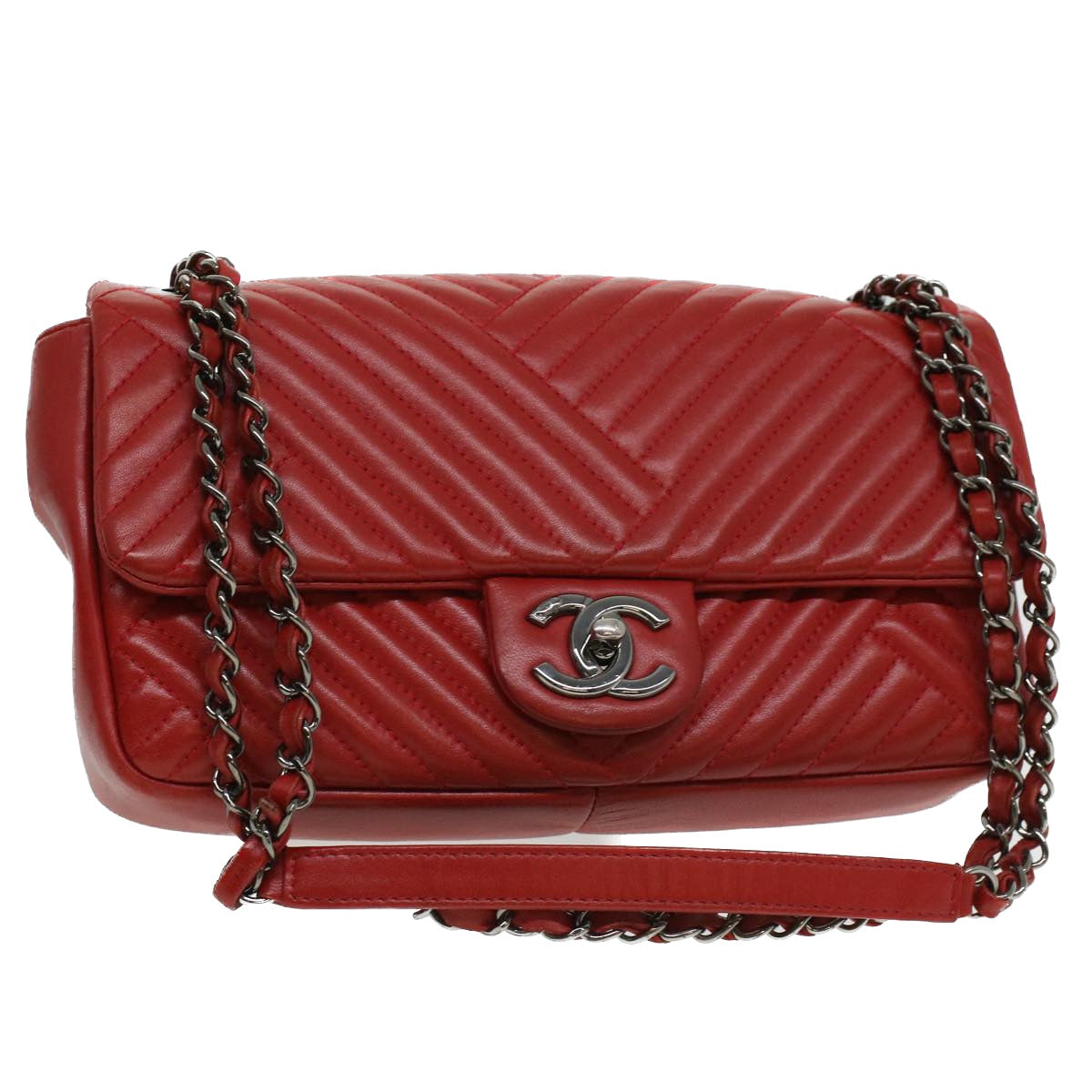 CHANEL Chain Shoulder Bag Lamb Skin Red CC Auth bs3636A