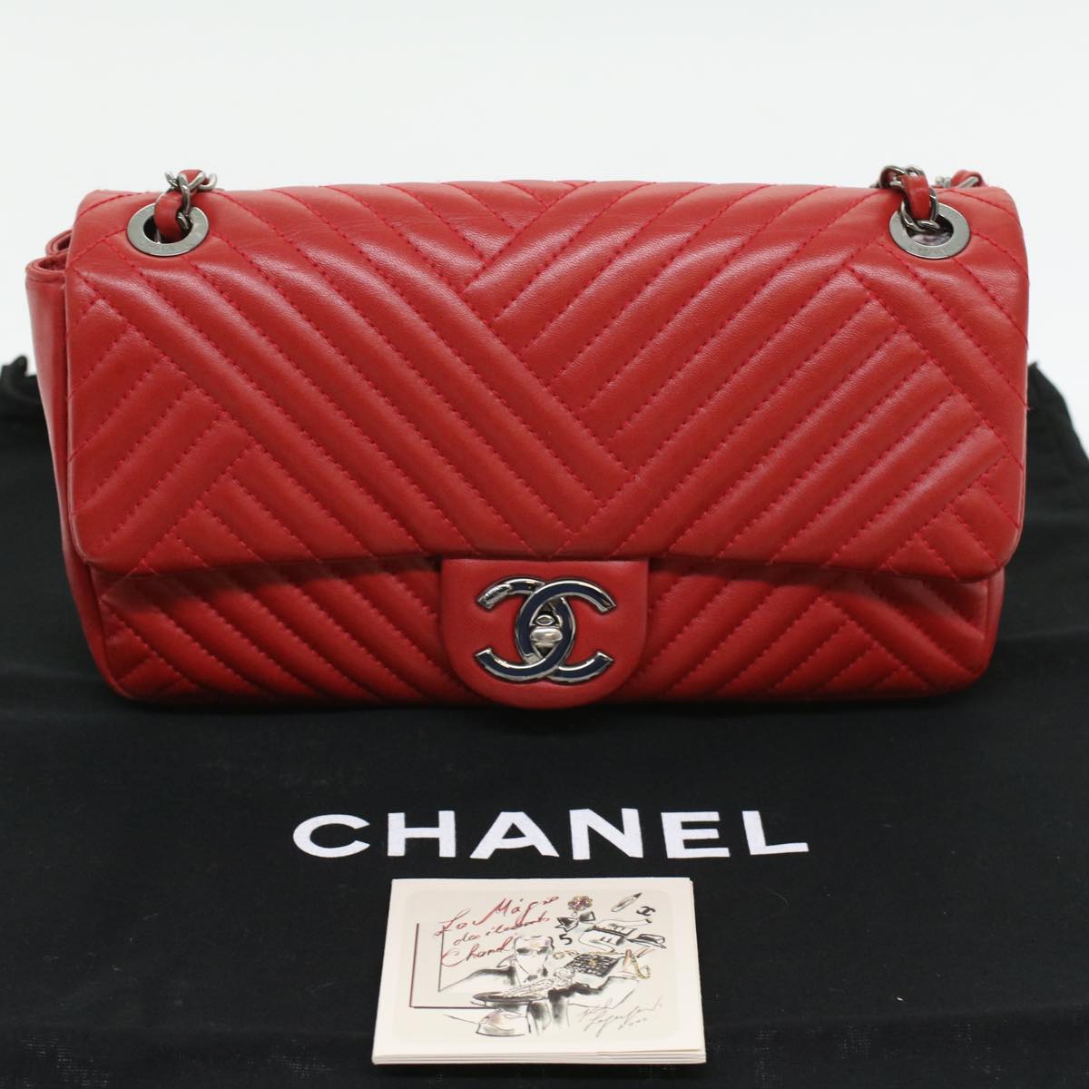 CHANEL Chain Shoulder Bag Lamb Skin Red CC Auth bs3636A