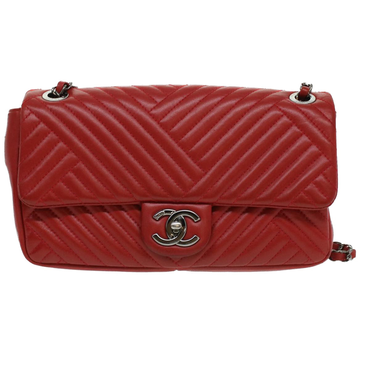 CHANEL Chain Shoulder Bag Lamb Skin Red CC Auth bs3636A