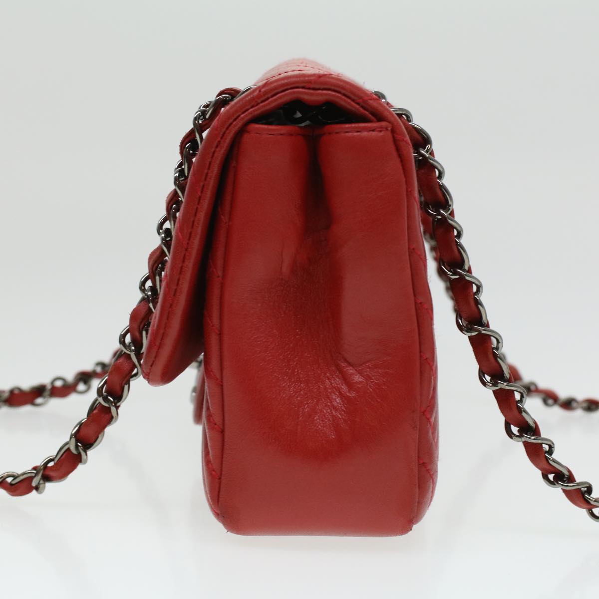 CHANEL Chain Shoulder Bag Lamb Skin Red CC Auth bs3636A