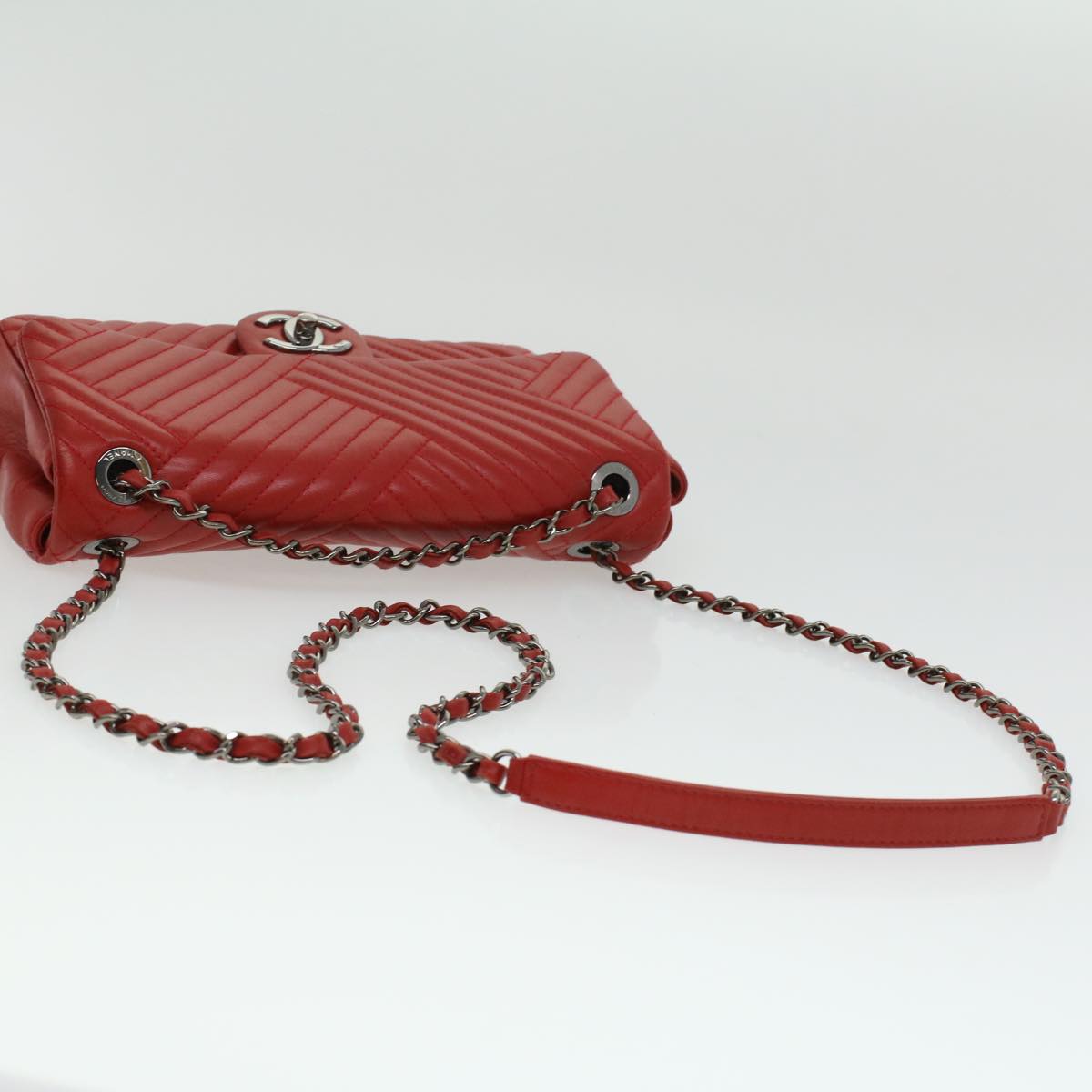 CHANEL Chain Shoulder Bag Lamb Skin Red CC Auth bs3636A