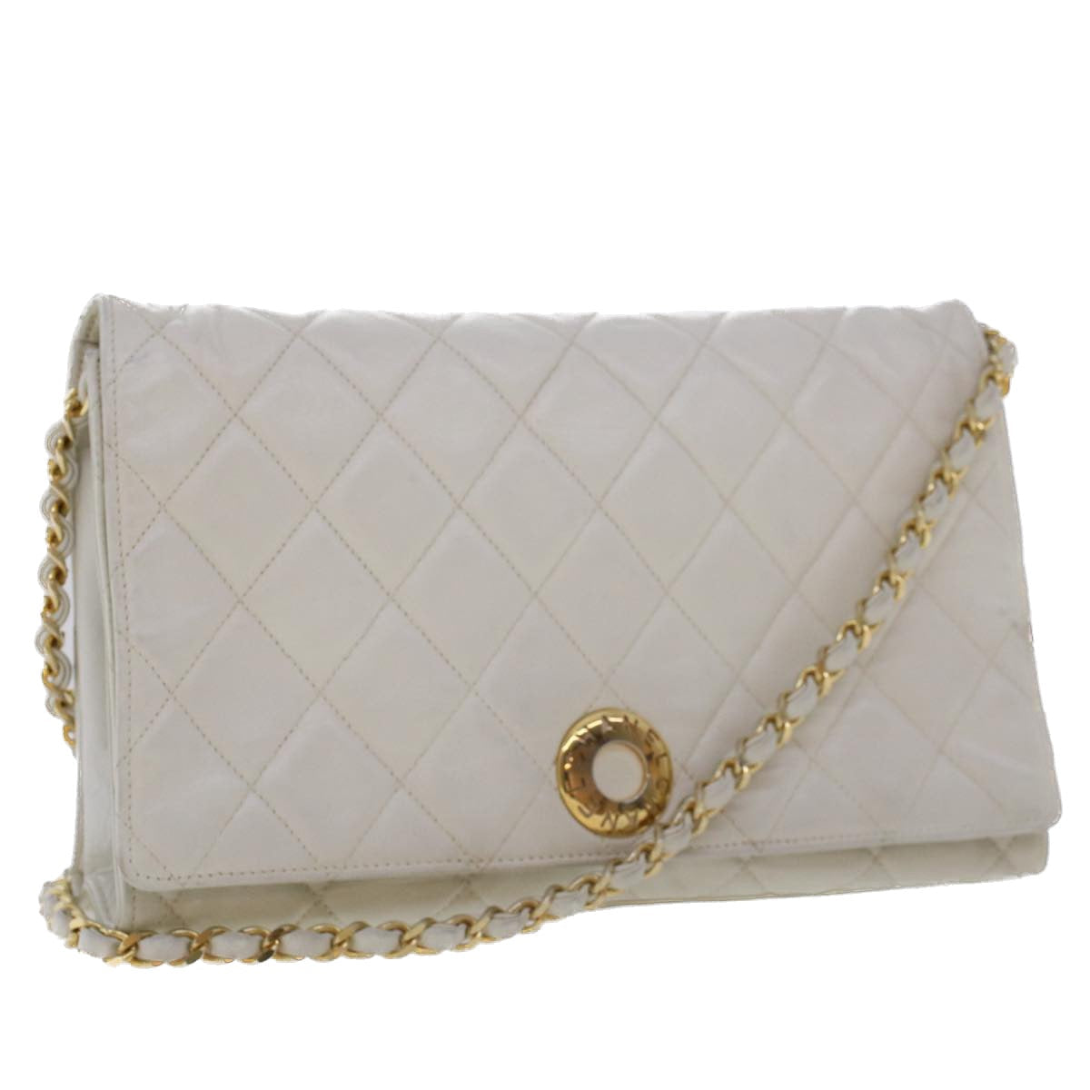 CHANEL Matelasse Circle Chain Shoulder Bag Lamb Skin White CC Auth bs5899