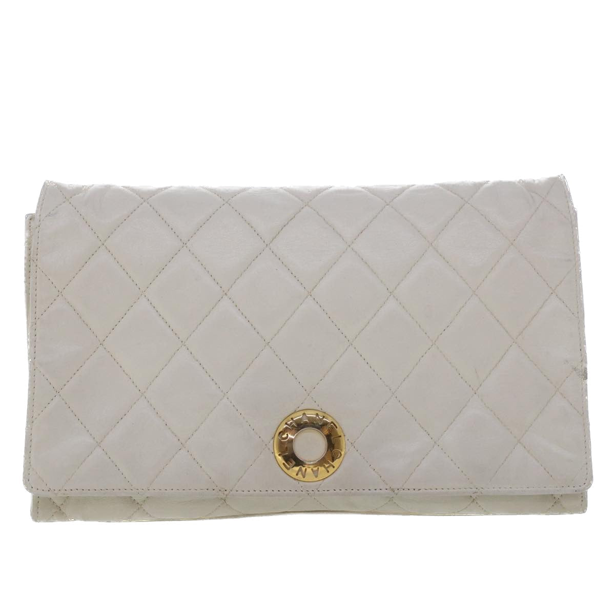 CHANEL Matelasse Circle Chain Shoulder Bag Lamb Skin White CC Auth bs5899