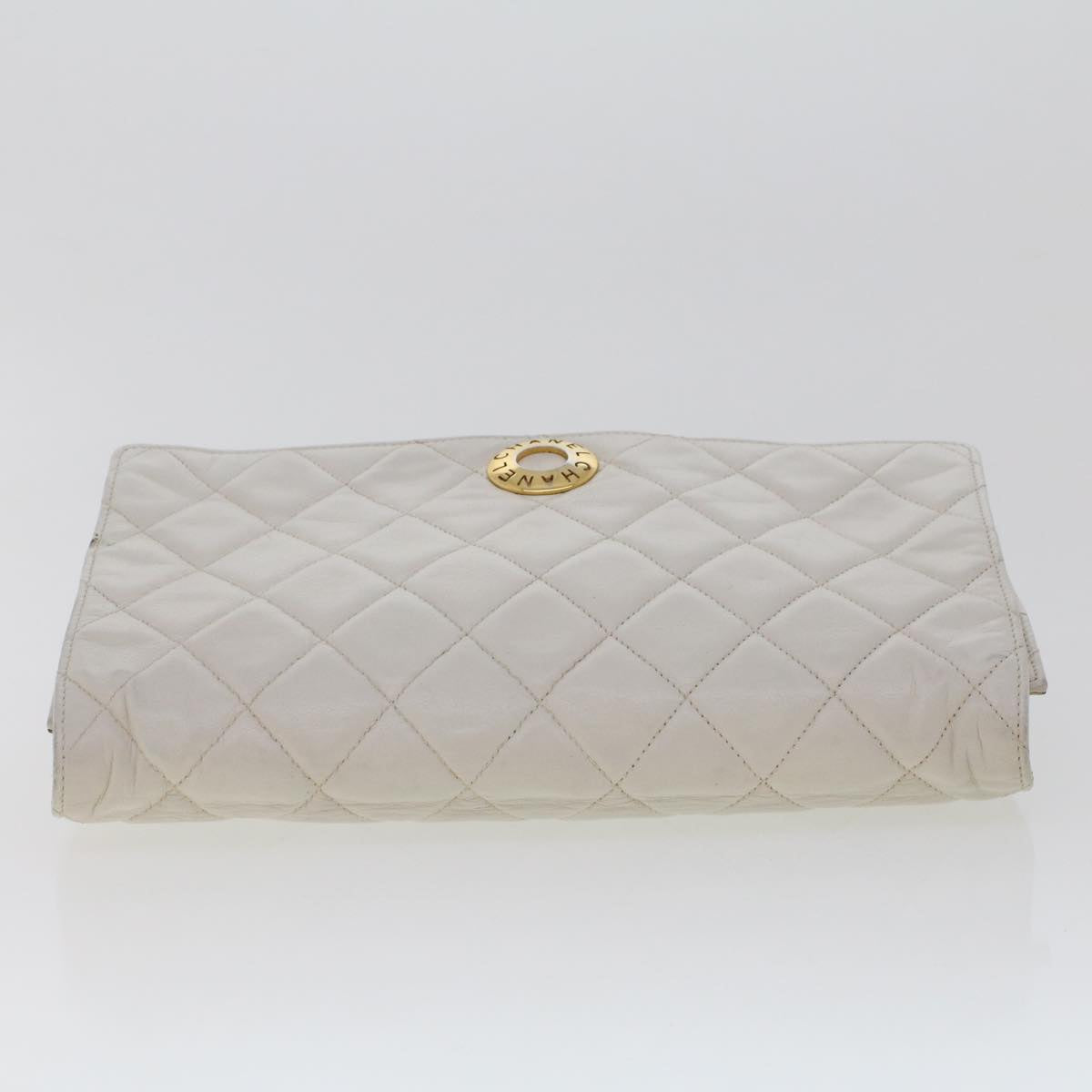 CHANEL Matelasse Circle Chain Shoulder Bag Lamb Skin White CC Auth bs5899