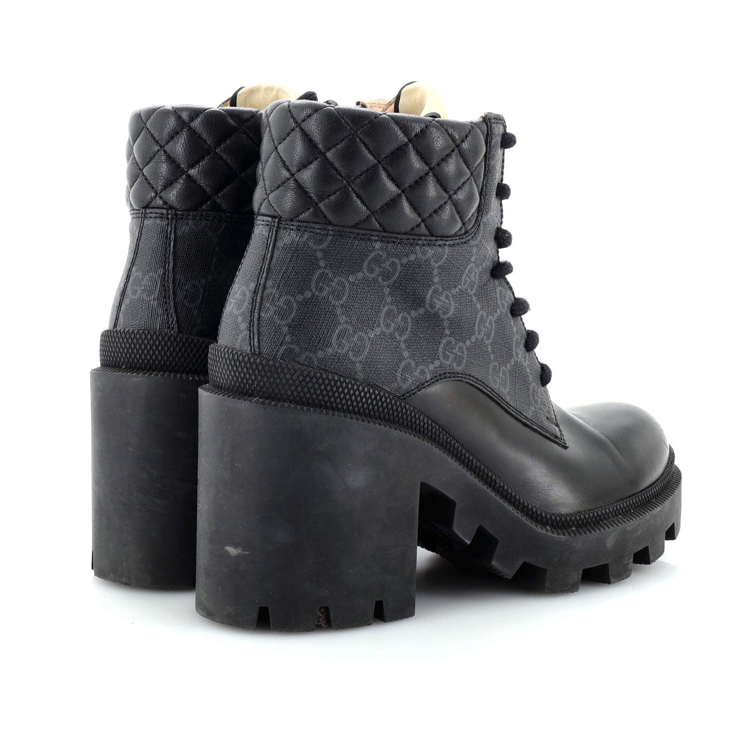 Women's Lace Up Heeled Ankle Boots GG Coated Canvas with Quilted Leather