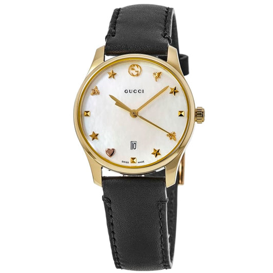 Gucci G-Timeless Mother of Pearl Dial Leather Strap Women's Watch