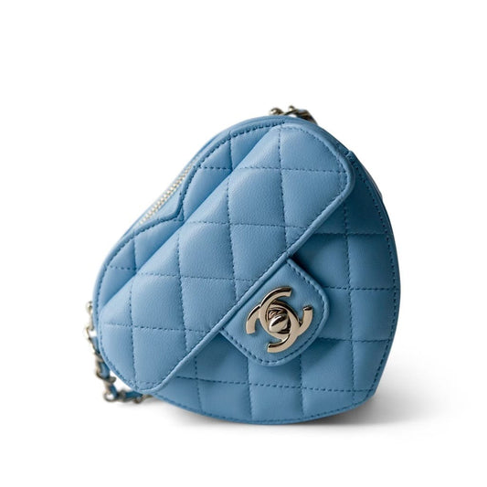 22S CC In Love Blue Lambskin Quilted Small (Clutch on Chain) Heart Bag LGHW