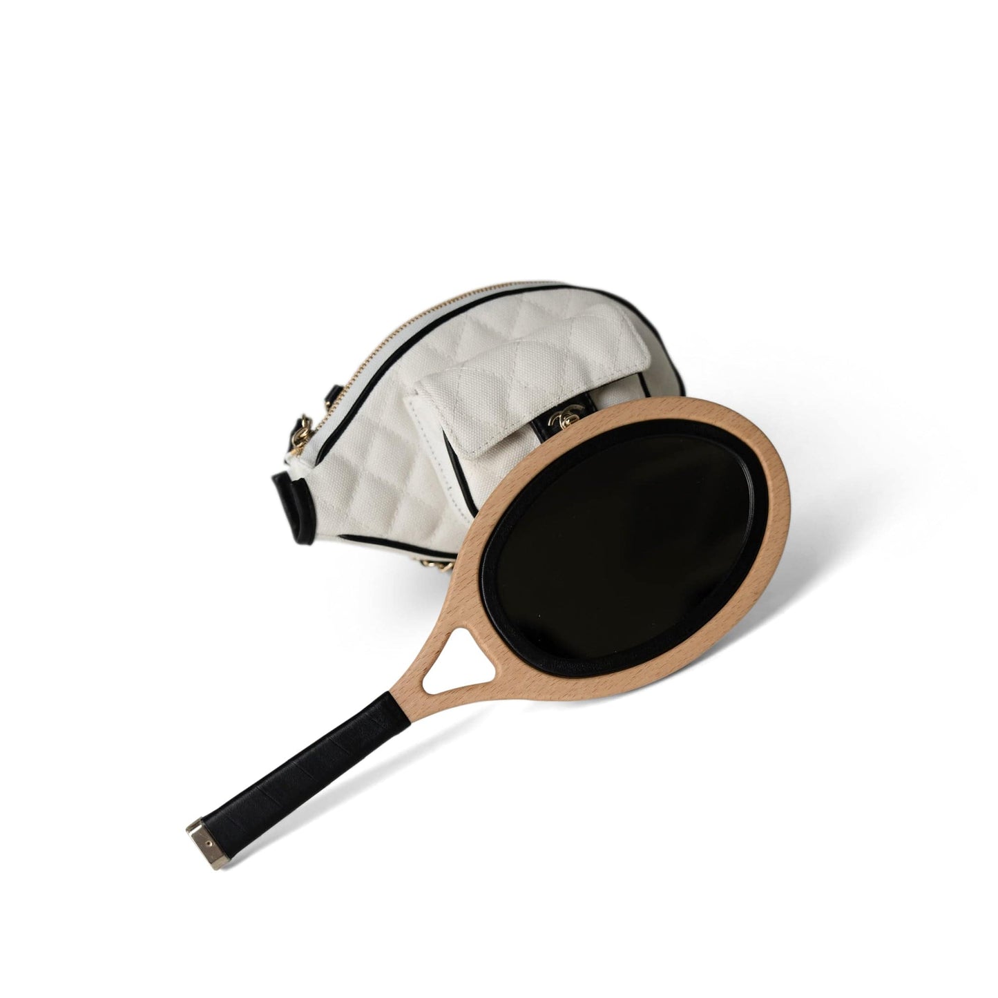 23C Tennis Racket Mirror Vanity Clutch with Chain White & Black W/ LGHW