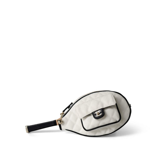 23C Tennis Racket Mirror Vanity Clutch with Chain White & Black W/ LGHW