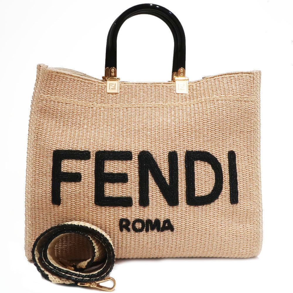 FI Fendi Sunshine Medium 8BH386 Hand Shoulder Bag 2WAY Straw Material Beige G    Excellent Woodwear