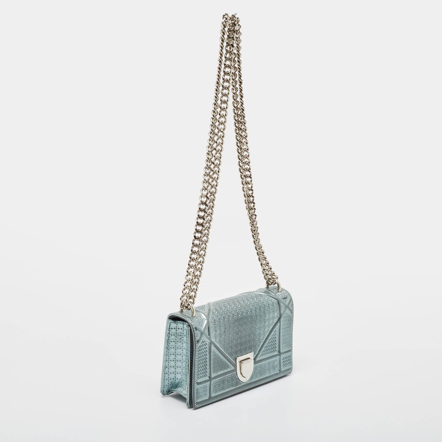 Dior Light Blue Microcannage Patent Leather Mini Diorama Chain Shoulder Bag..