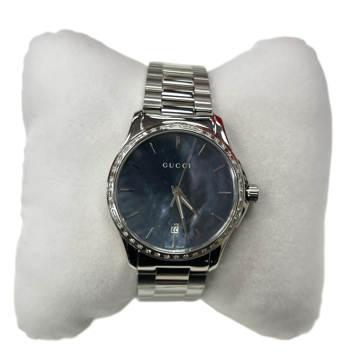 G-Timeless Slim Watch With Diamonds In Silver With Blue Face