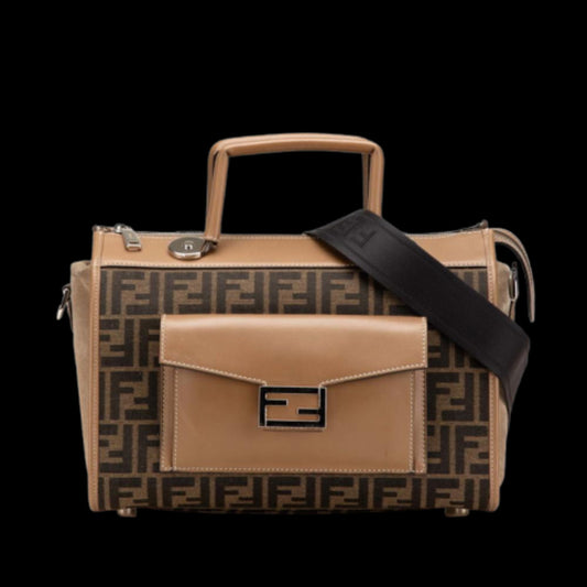 Beige Canvas Fendi Boston Bag
