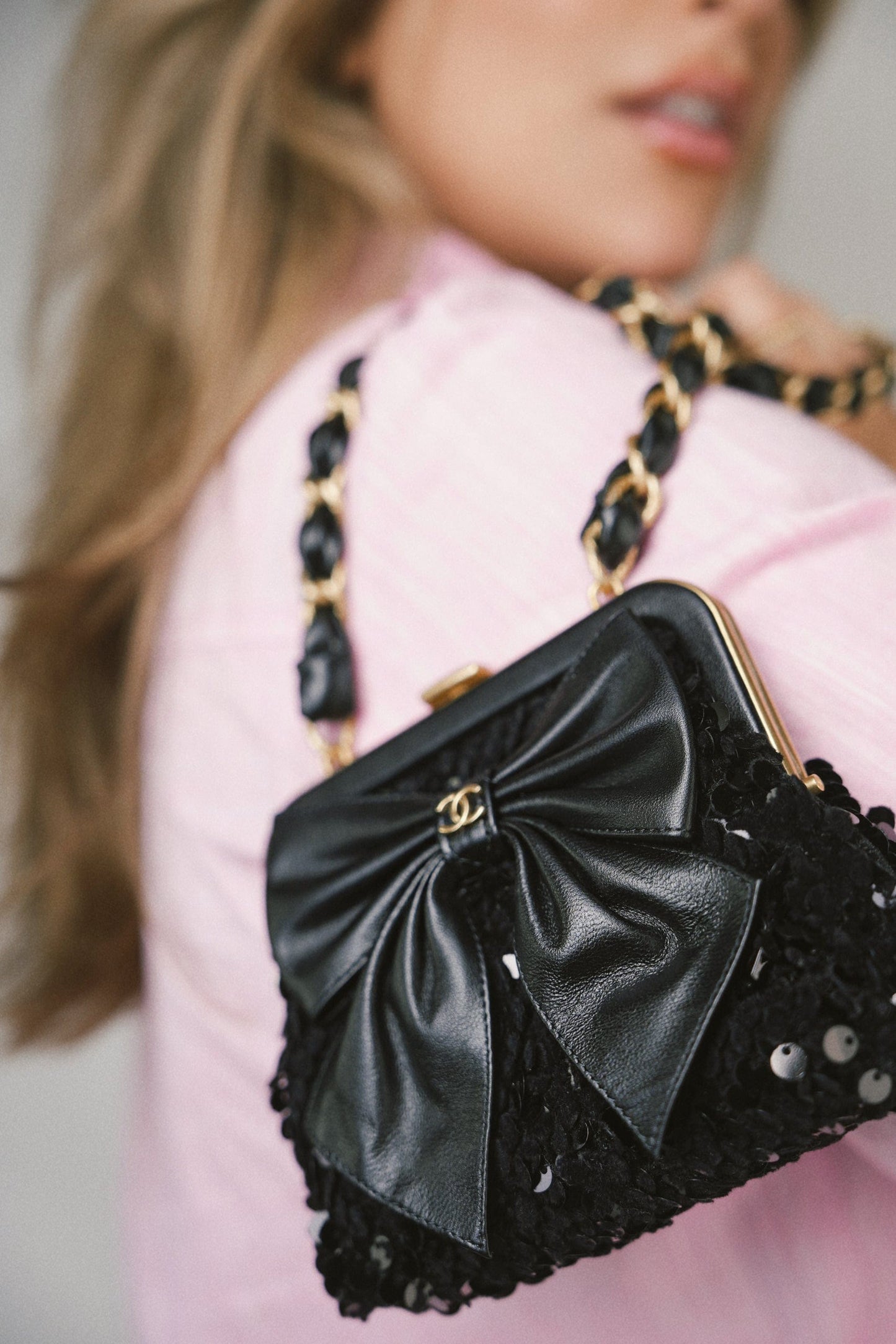 24A Black Sequin Tweed Lambskin Bow Clutch With Chain Aged Gold Hardware