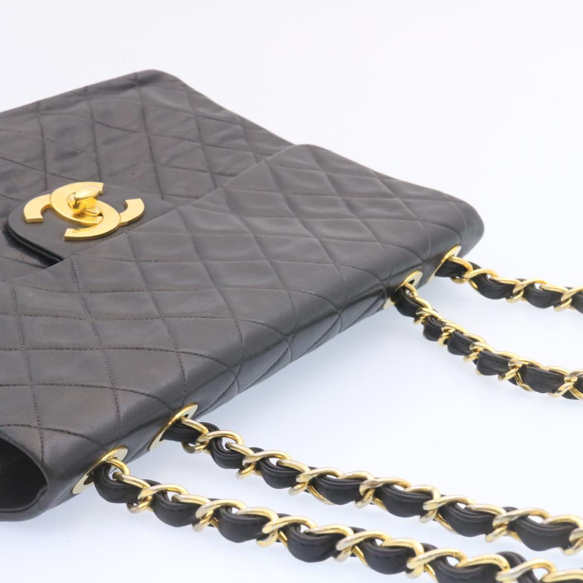 CHANEL Big Matelasse Flap Chain Shoulder Bag Lamb Skin Black Gold Auth am1276gA