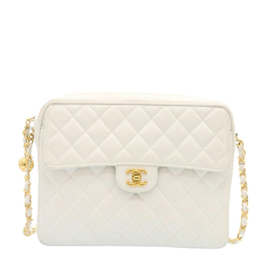 CHANEL Matelasse Chain Shoulder Bag Caviar Skin Gold White CC Auth am1370gA