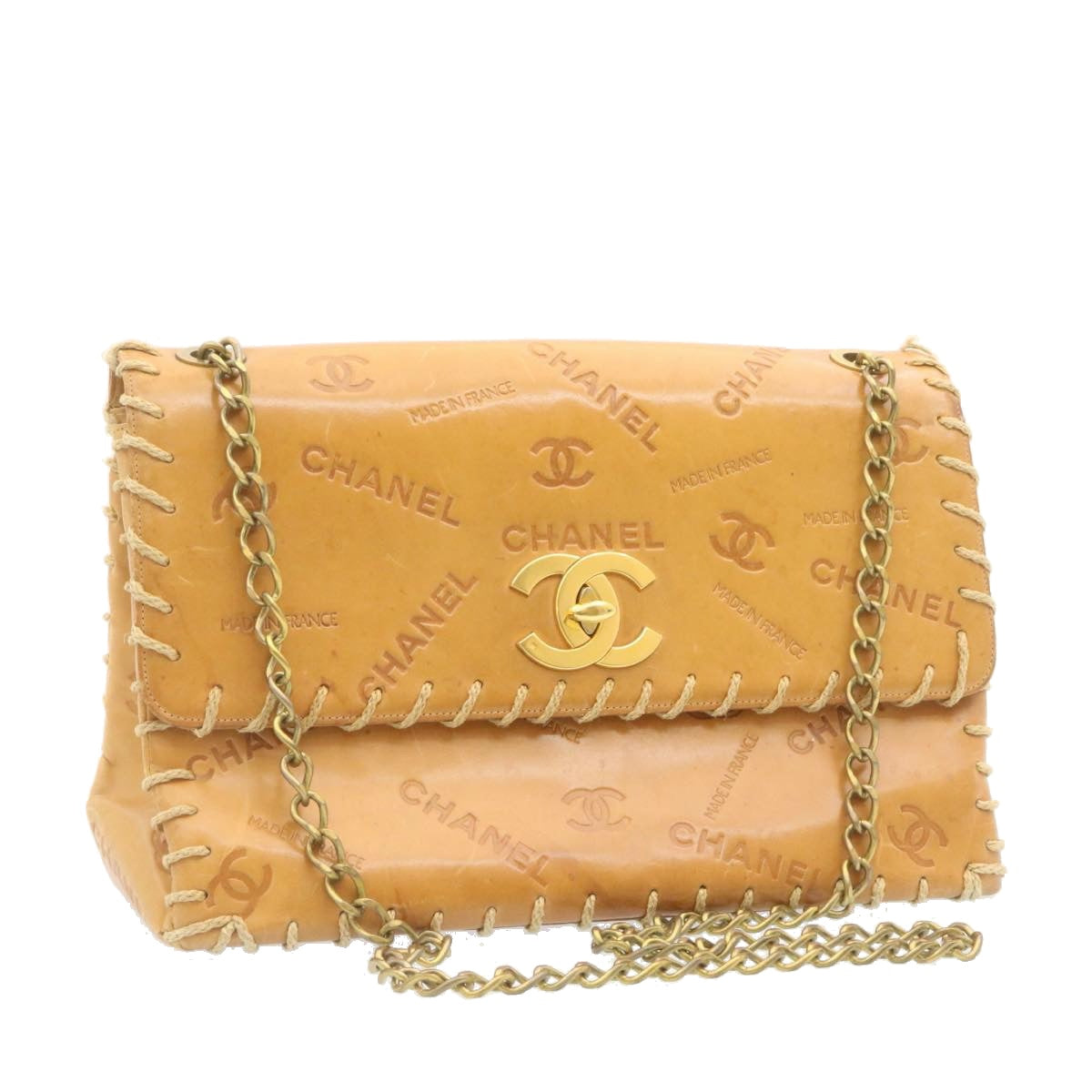 CHANEL Raffia Chain Flap Shoulder Bag Leather Beige CC Auth am1414gA