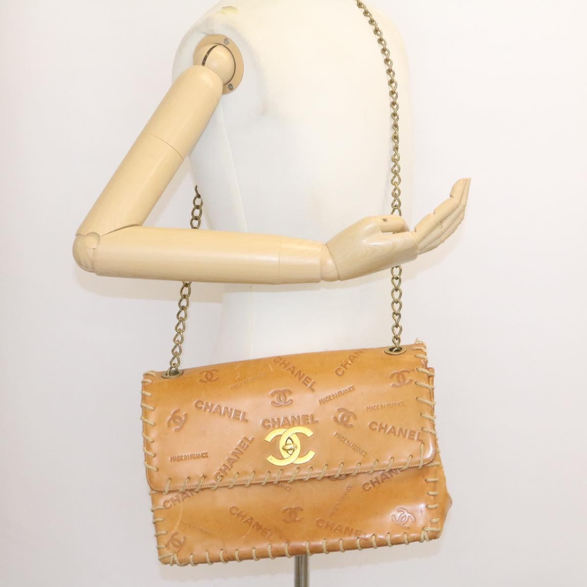 CHANEL Raffia Chain Flap Shoulder Bag Leather Beige CC Auth am1414gA