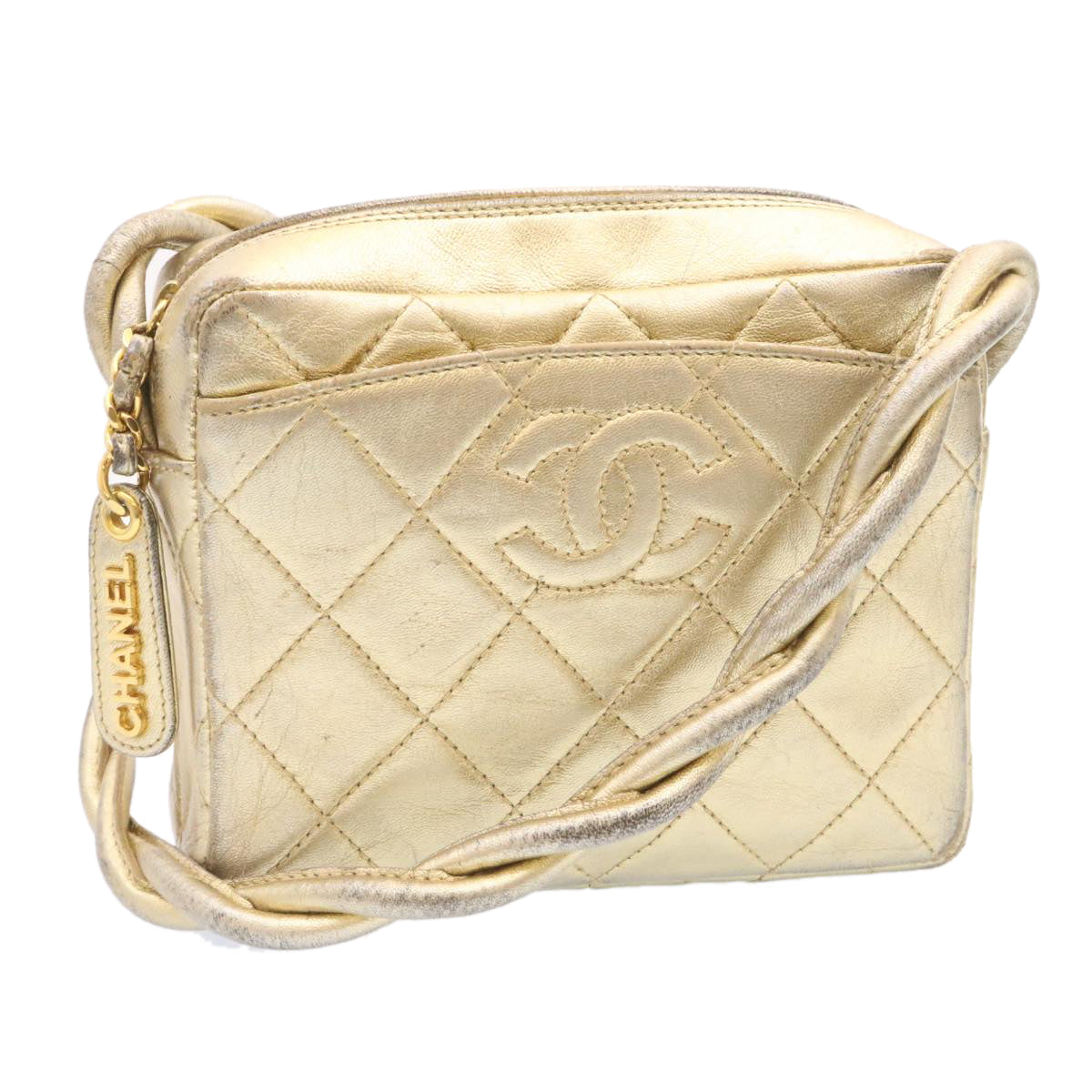 CHANEL Lamb Skin Matelasse Shoulder Bag Gold CC Auth am1684gA