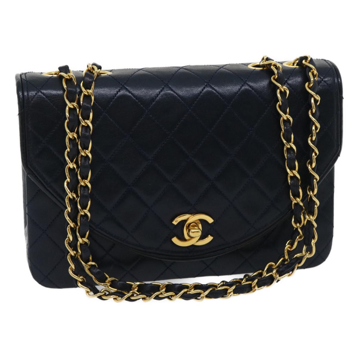 CHANEL Matelasse Chain Flap Shoulder Bag Lamb Skin Navy Gold CC Auth am2602gA