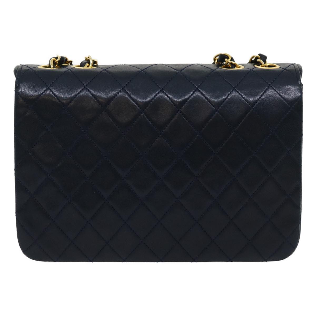 CHANEL Matelasse Chain Flap Shoulder Bag Lamb Skin Navy Gold CC Auth am2602gA