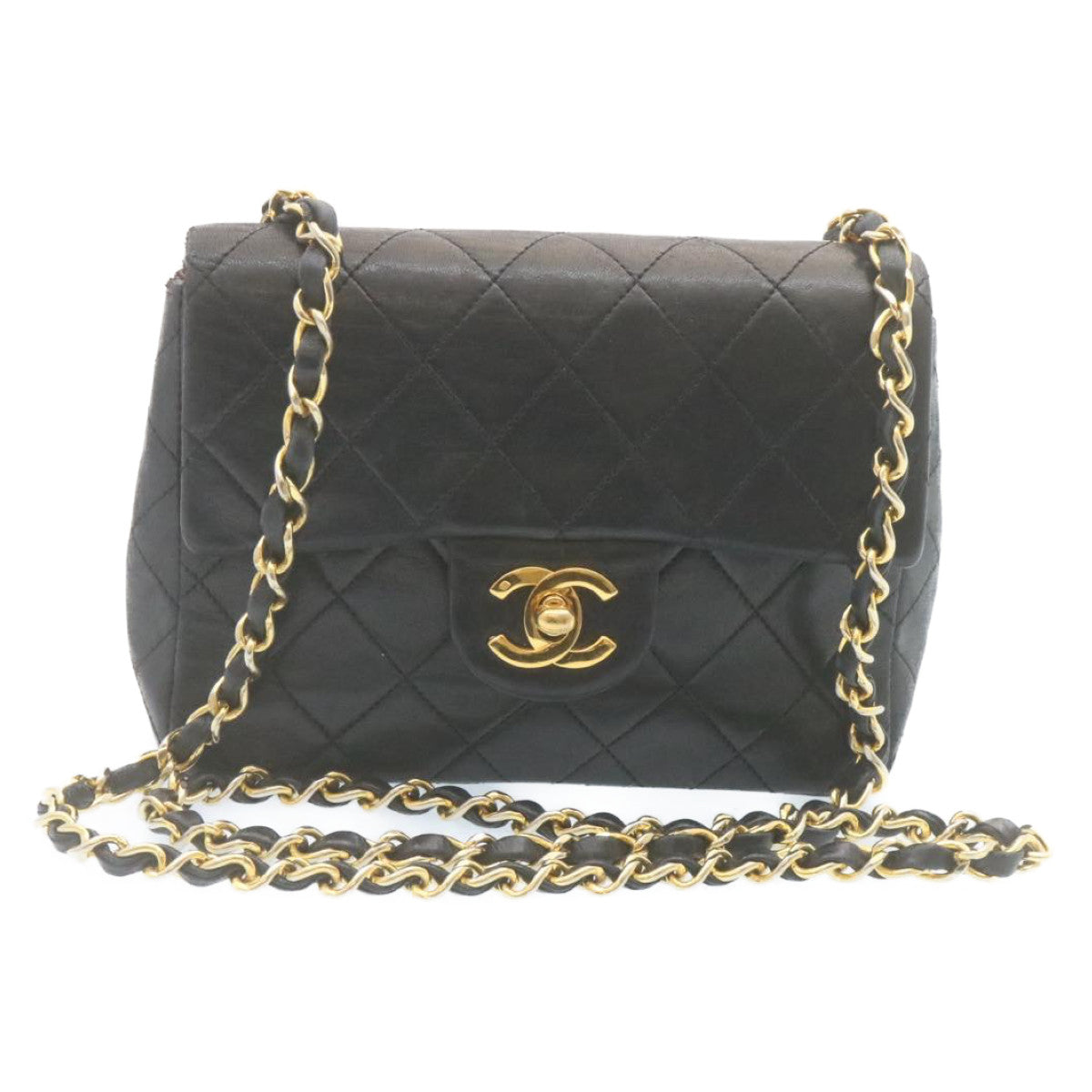 CHANEL Mini Matelasse Chain Flap Shoulder Bag Lamb Skin Black Gold Auth hs648A