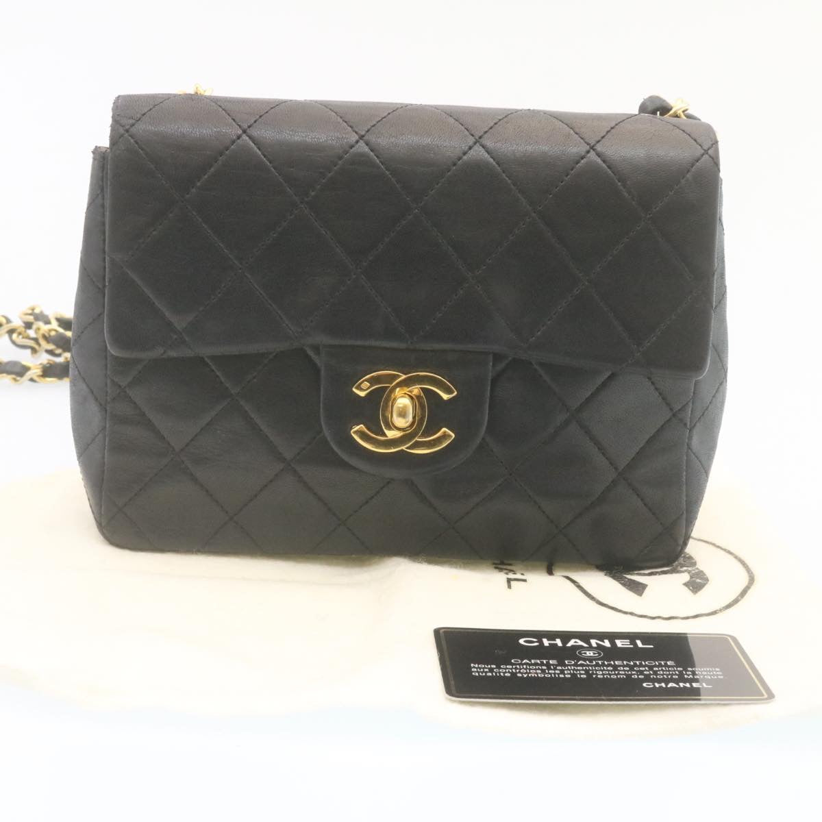 CHANEL Mini Matelasse Chain Flap Shoulder Bag Lamb Skin Black Gold Auth hs648A