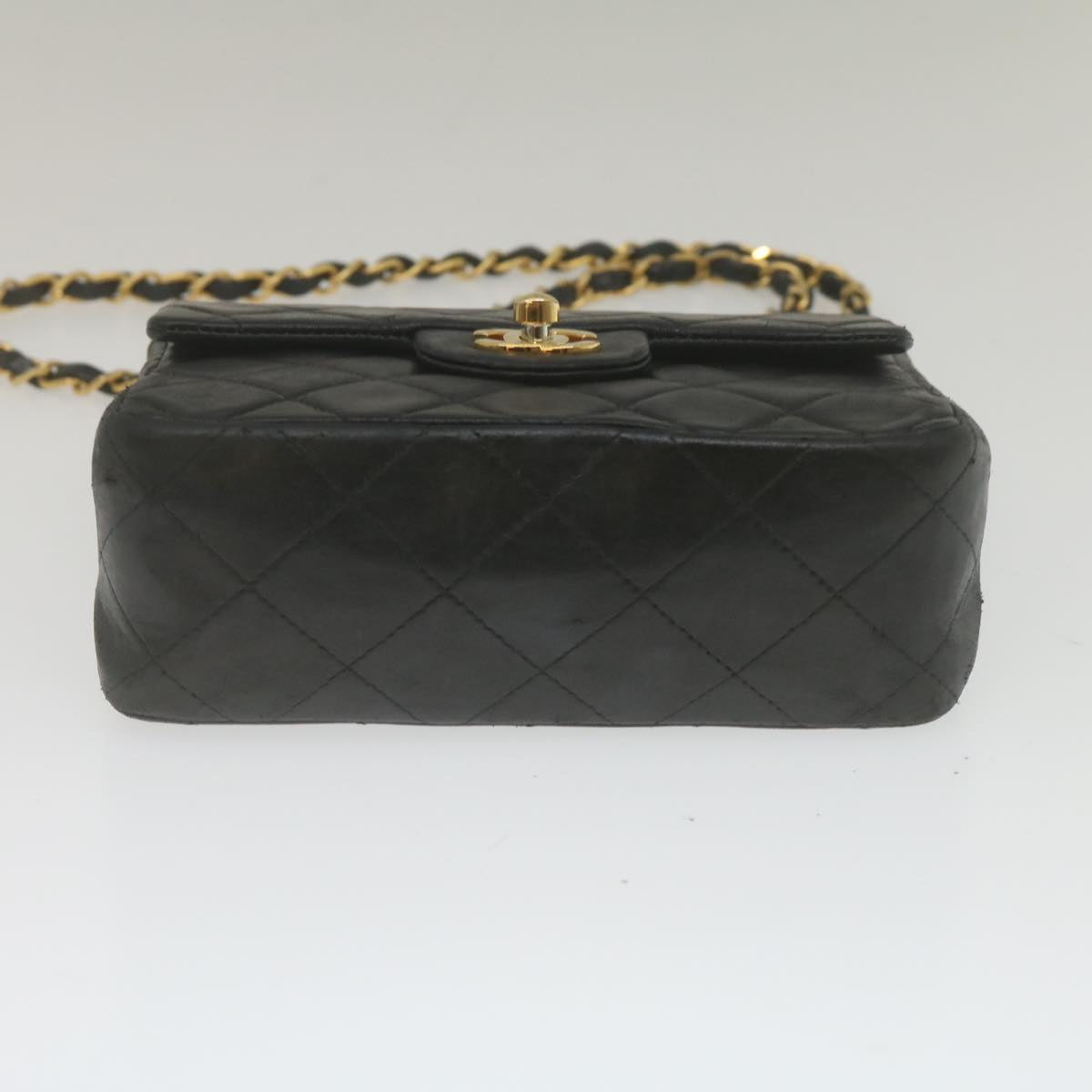 CHANEL Mini Matelasse Chain Flap Shoulder Bag Lamb Skin Black Gold Auth hs689A