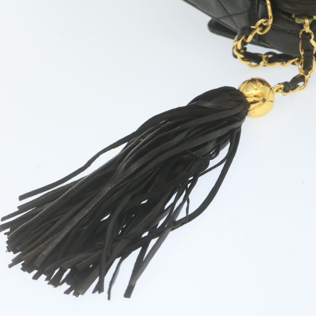 CHANEL Matelasse Chain Shoulder Bag Lamb Skin Fringe Black Gold CC Auth hs691A