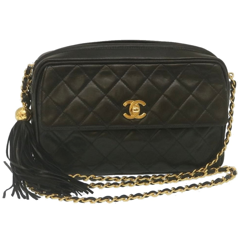 CHANEL Matelasse Chain Shoulder Bag Lamb Skin Fringe Black Gold CC Auth hs691A