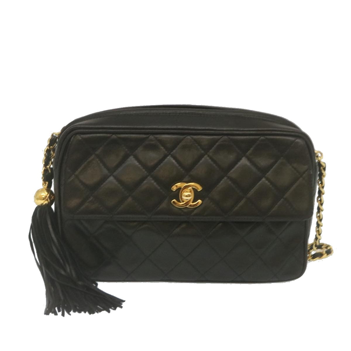 CHANEL Matelasse Chain Shoulder Bag Lamb Skin Fringe Black Gold CC Auth hs691A