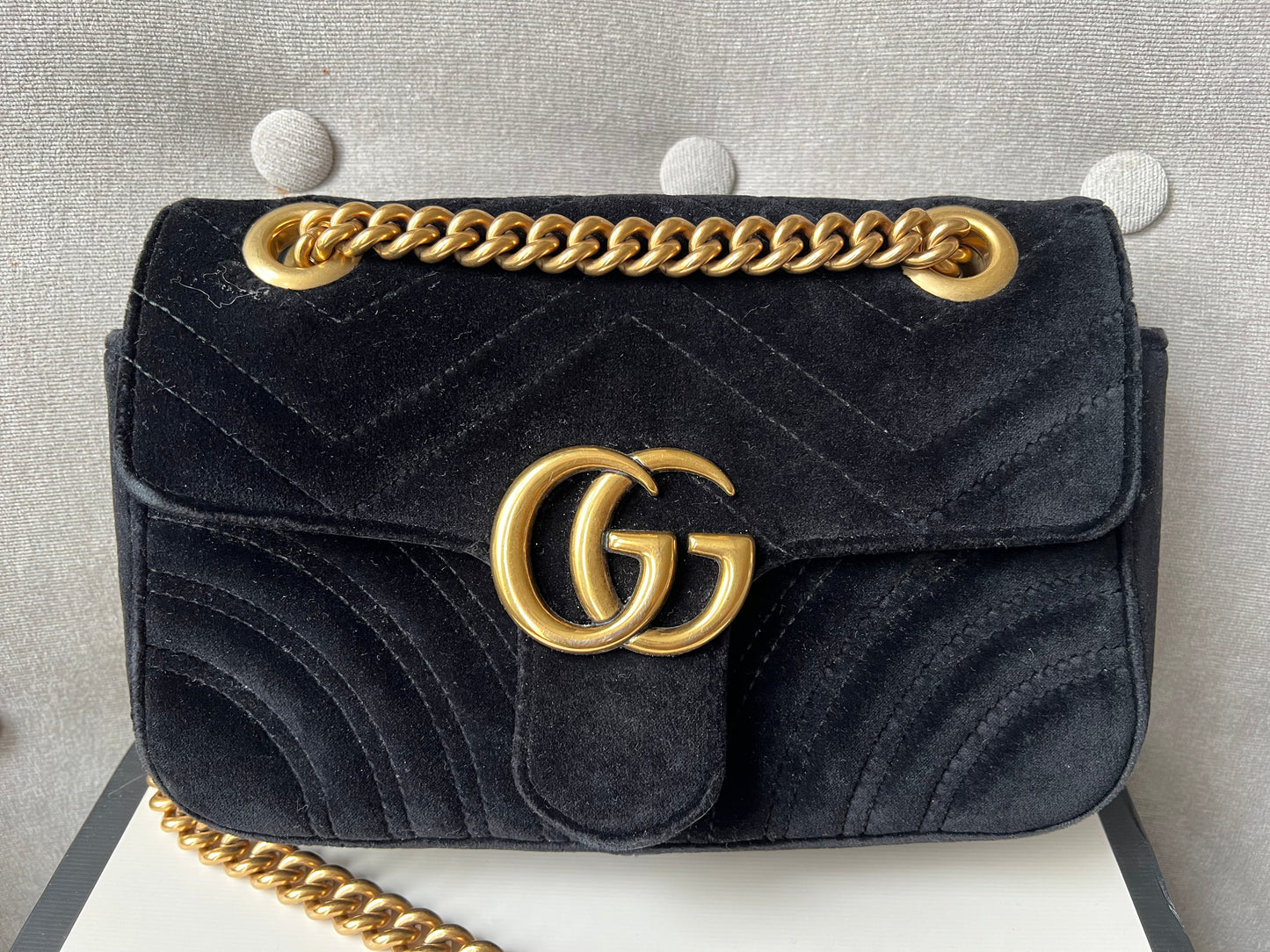 Gucci Black GG Mini Velvet Marmont Shoulder Bag