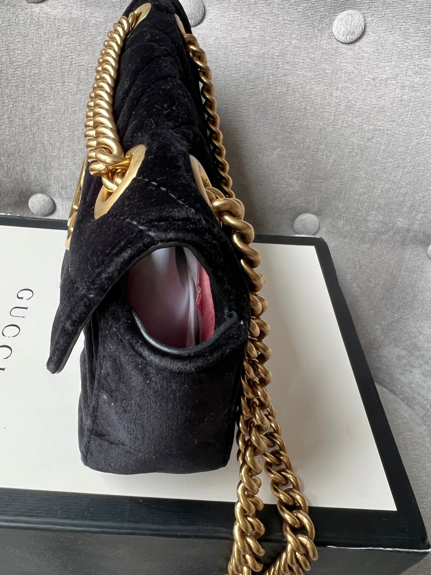 Gucci Black GG Mini Velvet Marmont Shoulder Bag