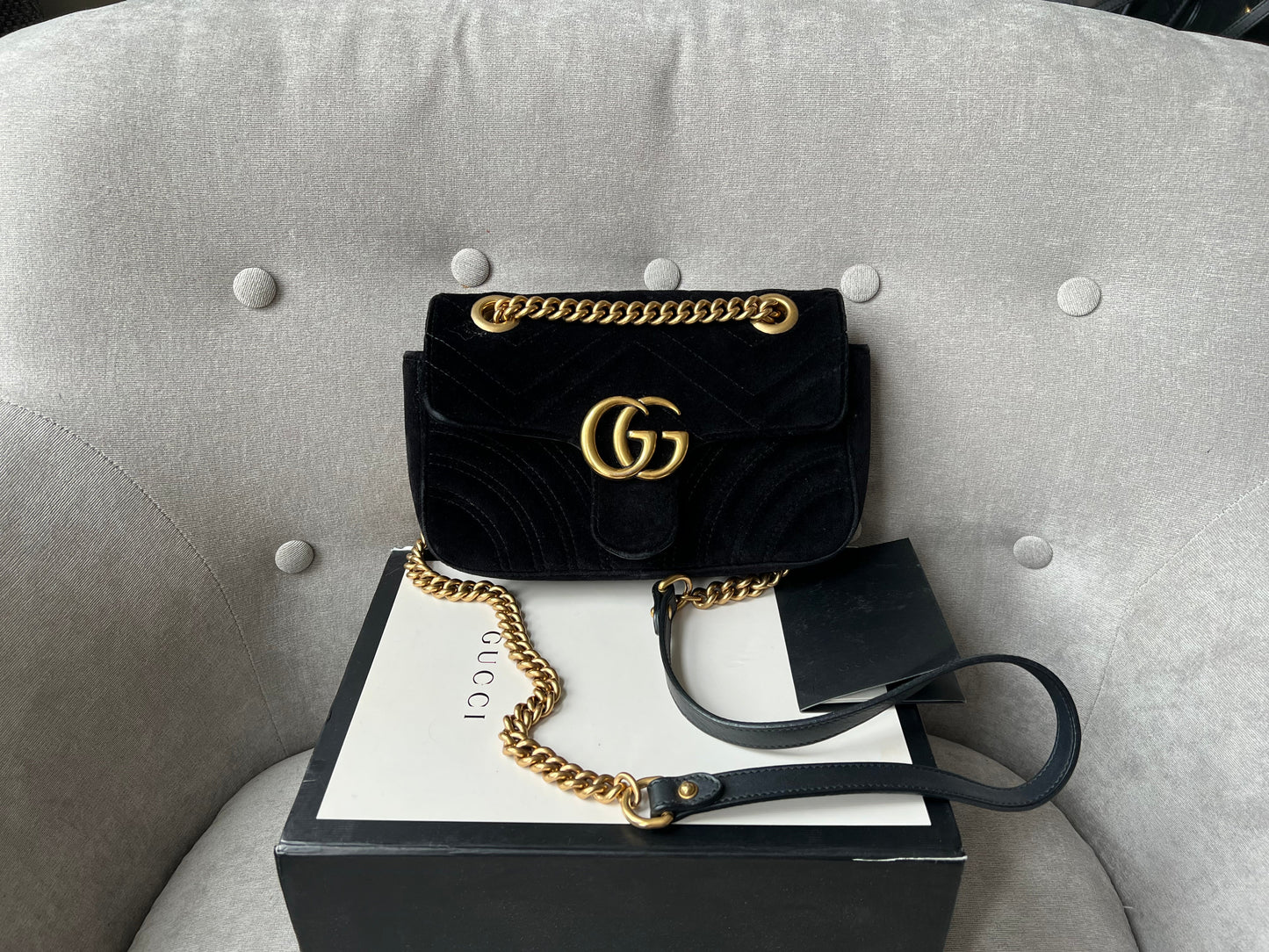 Gucci Black GG Mini Velvet Marmont Shoulder Bag