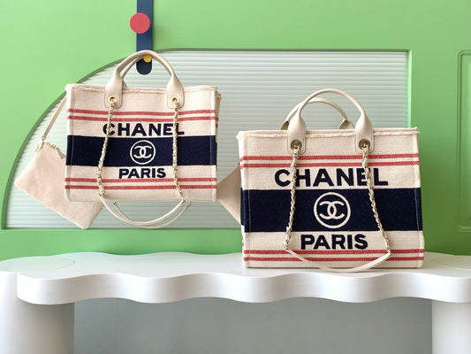 CC 25C ToTe  Bag Beige Navy Blue Canvas Fabric 238518