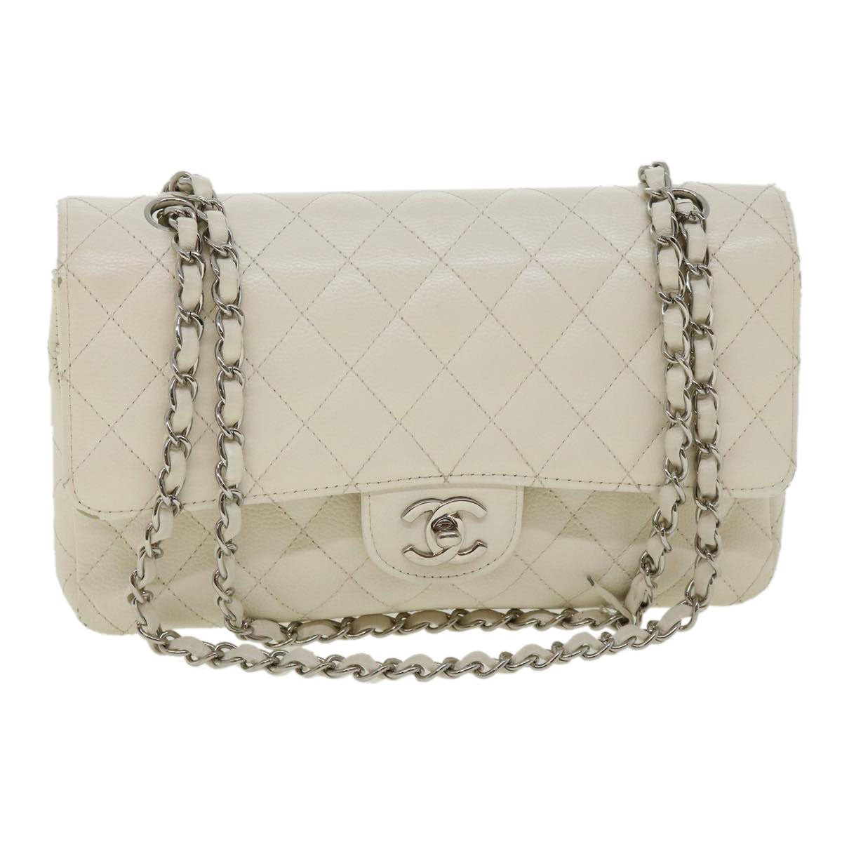 CHANEL Matelasse Double Flap Chain Shoulder Bag Caviar Skin White CC Auth knn085