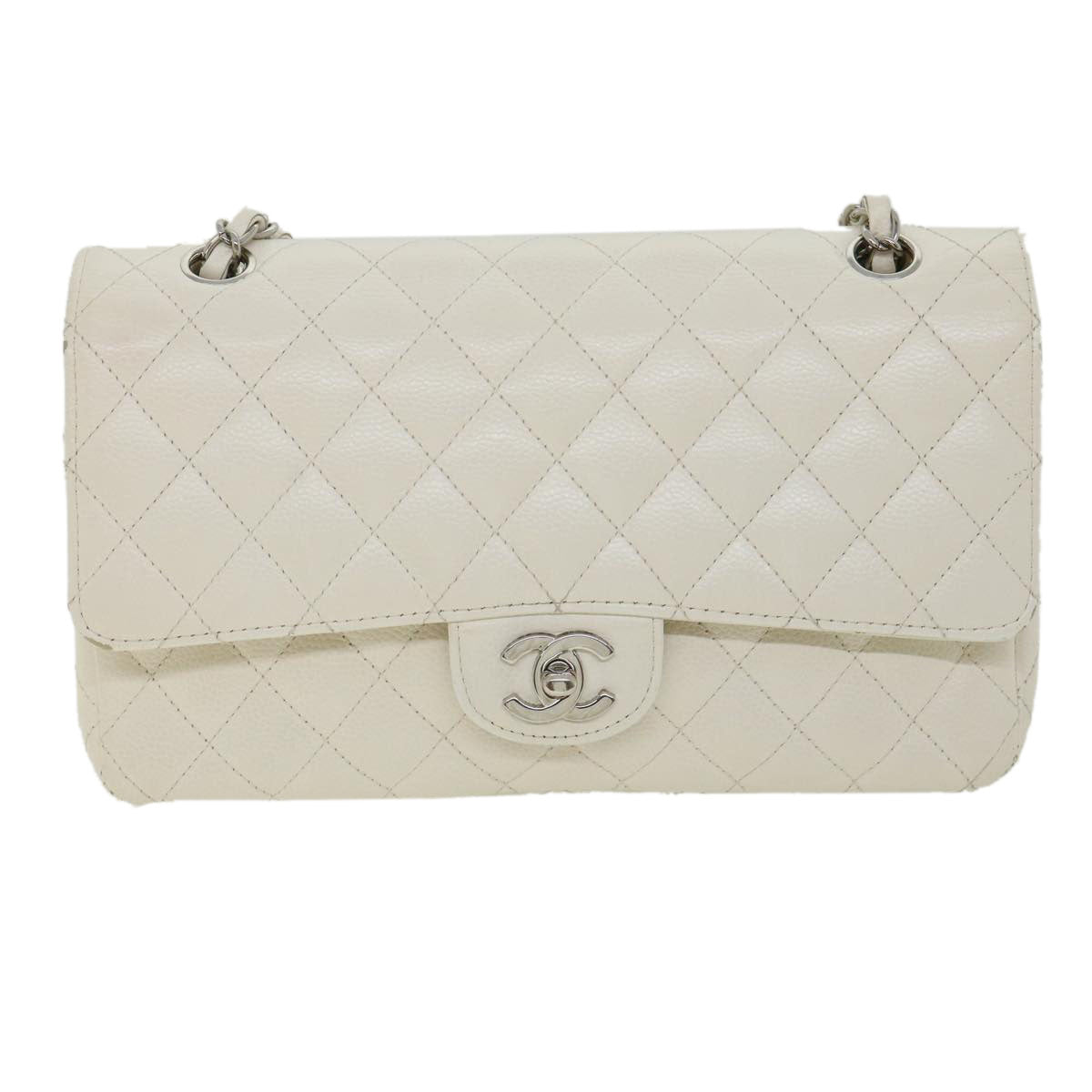 CHANEL Matelasse Double Flap Chain Shoulder Bag Caviar Skin White CC Auth knn085