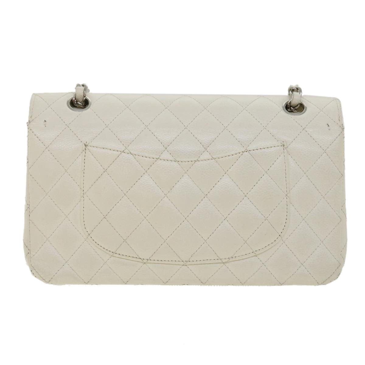 CHANEL Matelasse Double Flap Chain Shoulder Bag Caviar Skin White CC Auth knn085