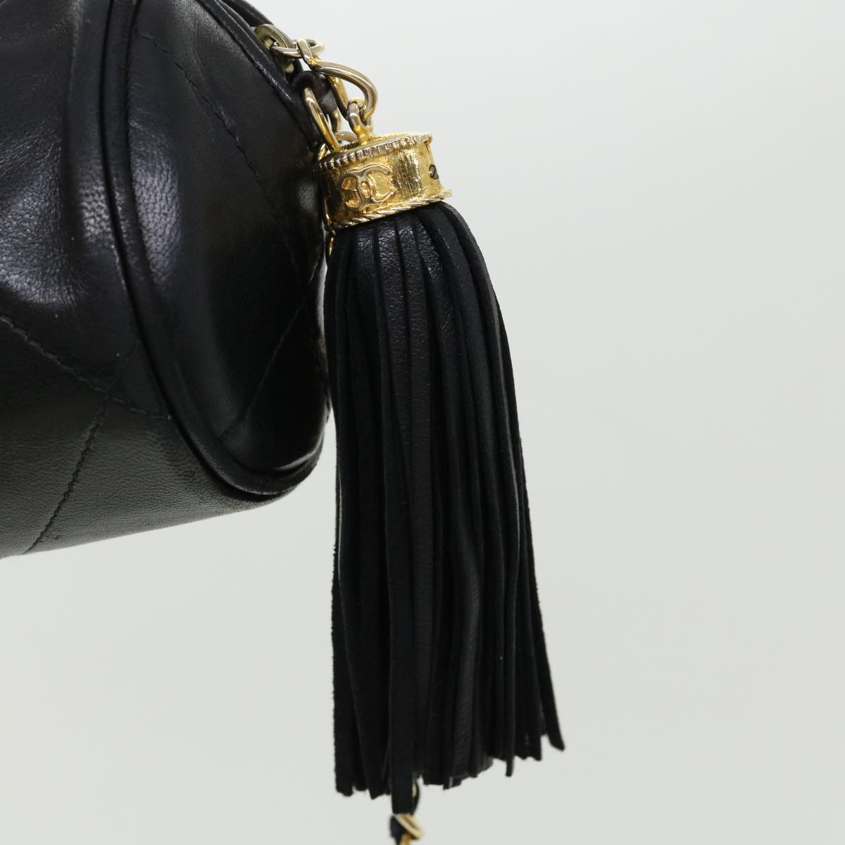 CHANEL COCO Mark FringeChain Shoulder Bag Lamb Skin Black CC Auth knn088