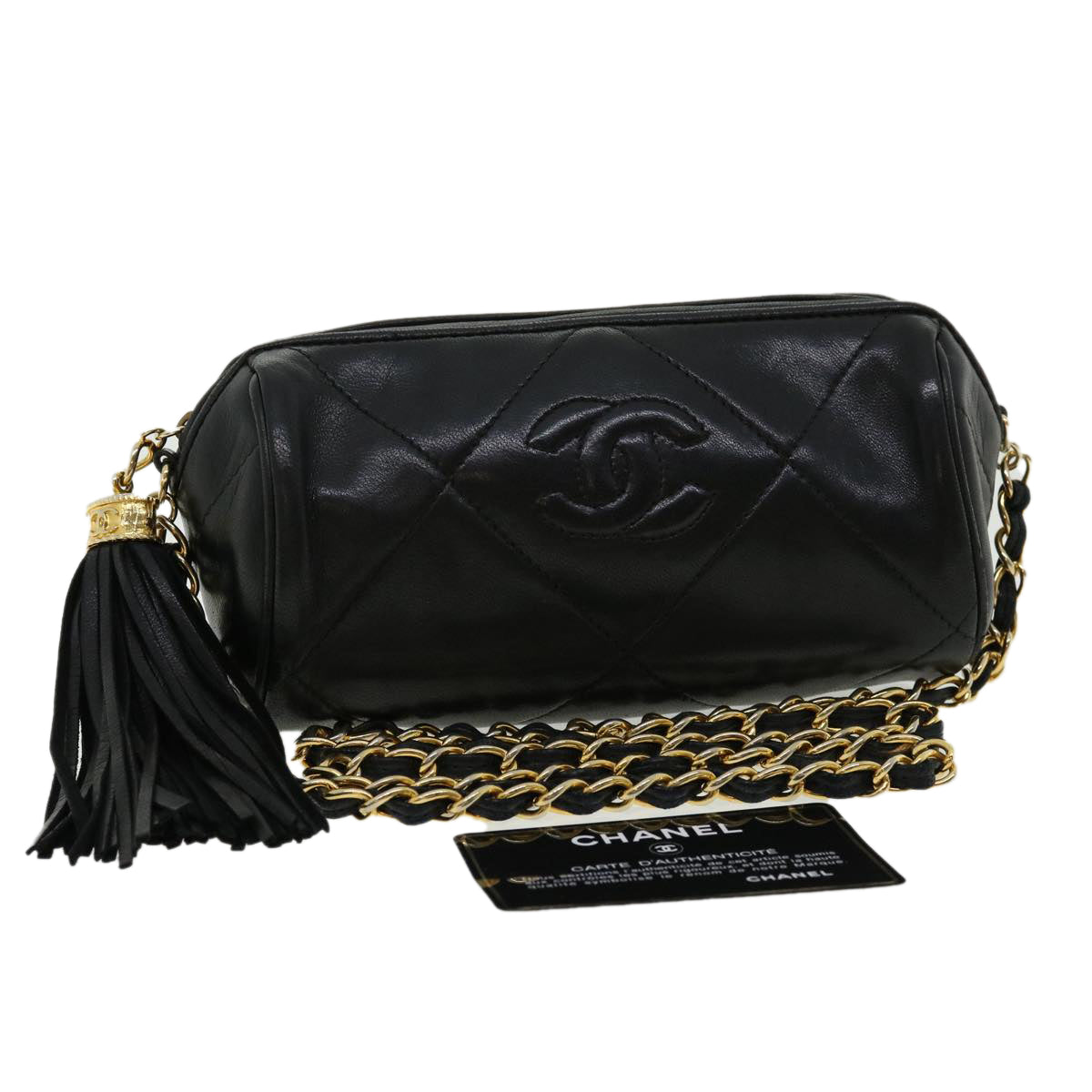 CHANEL COCO Mark FringeChain Shoulder Bag Lamb Skin Black CC Auth knn088