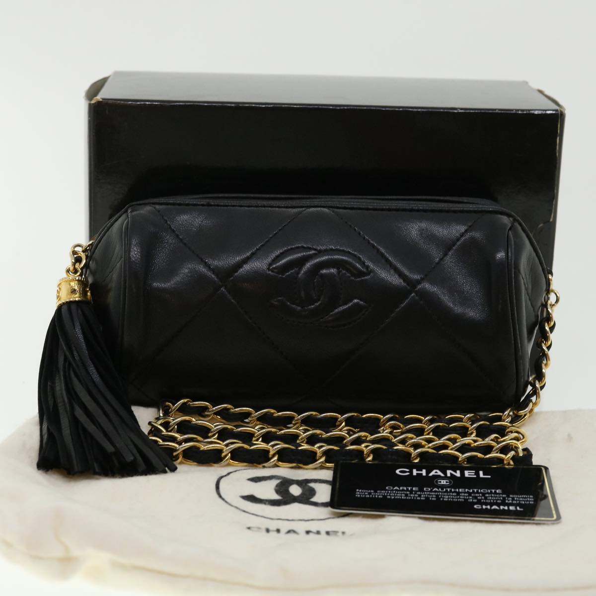 CHANEL COCO Mark FringeChain Shoulder Bag Lamb Skin Black CC Auth knn088