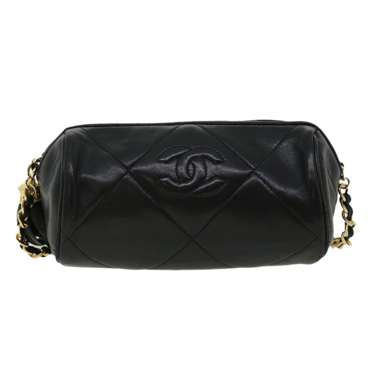 CHANEL COCO Mark FringeChain Shoulder Bag Lamb Skin Black CC Auth knn088