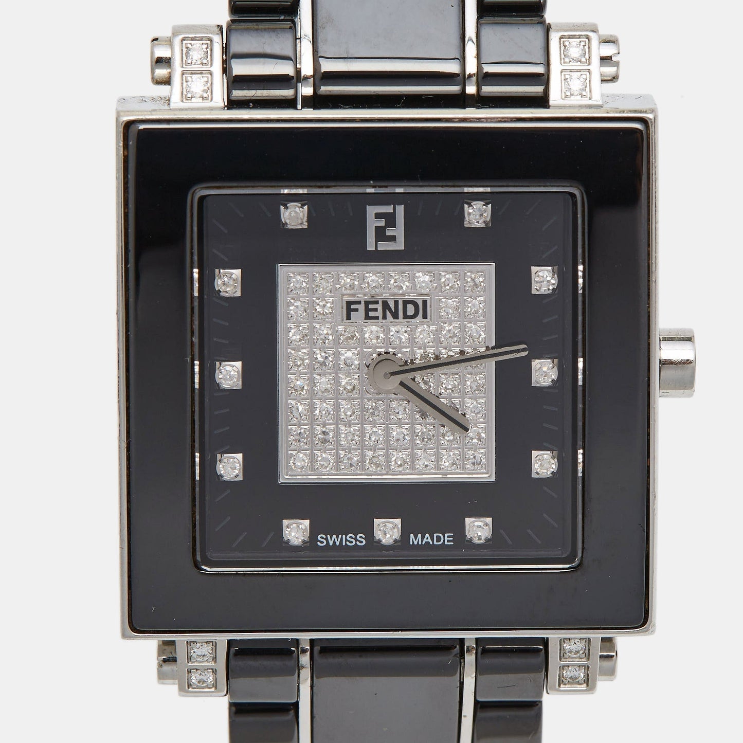 FENDI Black Ceramic Stainless Steel Diamond Quadro 6200G Women's Wristwatch 30 mm