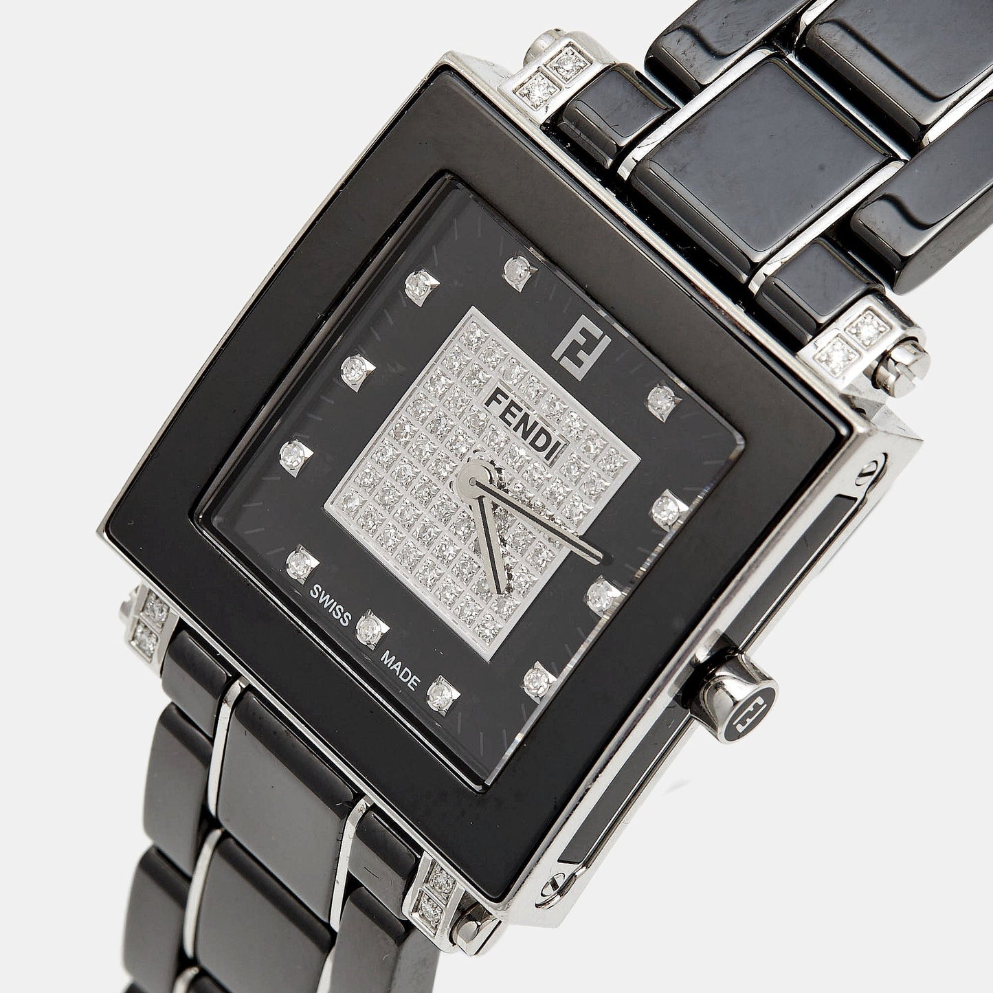 FENDI Black Ceramic Stainless Steel Diamond Quadro 6200G Women's Wristwatch 30 mm