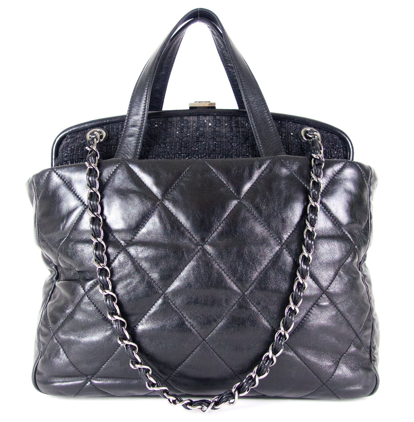 Portobello Quilted Glazed Calfskin Leather and Tweed Frame Shoulder Bag