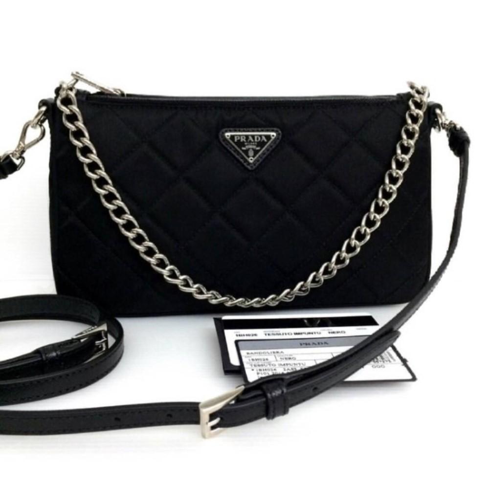 Prada Black Tessuto Nylon Quilted Chain Convertible Crossbody Bag 1BH026