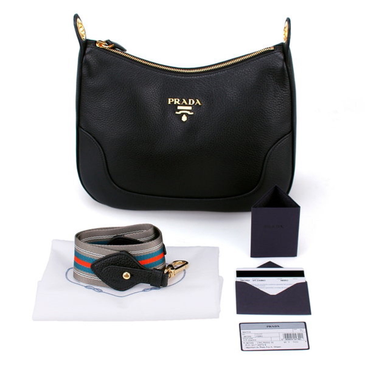 Prada Black Vitello Phenix Leather Web Stripe Strap Crossbody 1BC166